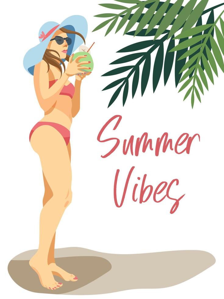 vektor flicka njuter cocktail på de strand. affisch med sommar vibrafon text inkluderad