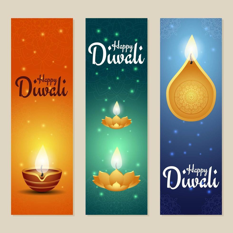 vacker uppsättning diwali-banner med diya vektor