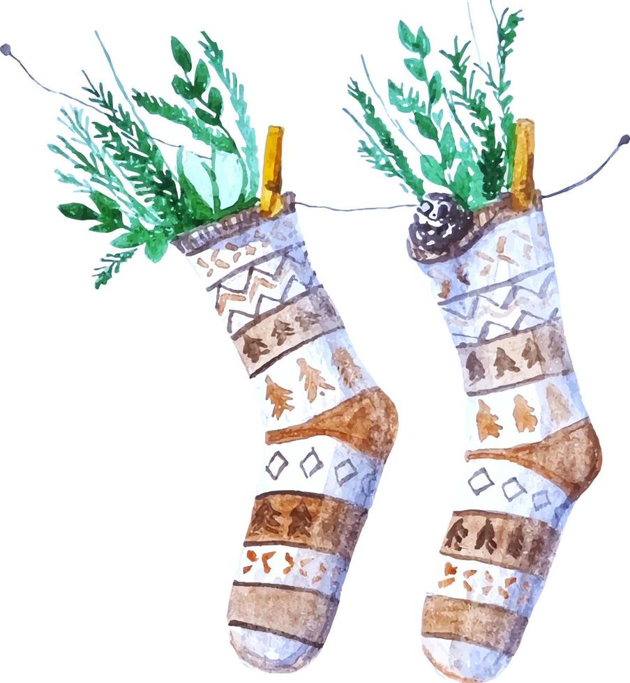 vattenfärg jul strumpor med gåvor, jul träd grenar scandinavian stil element på de transparent bakgrund vektor