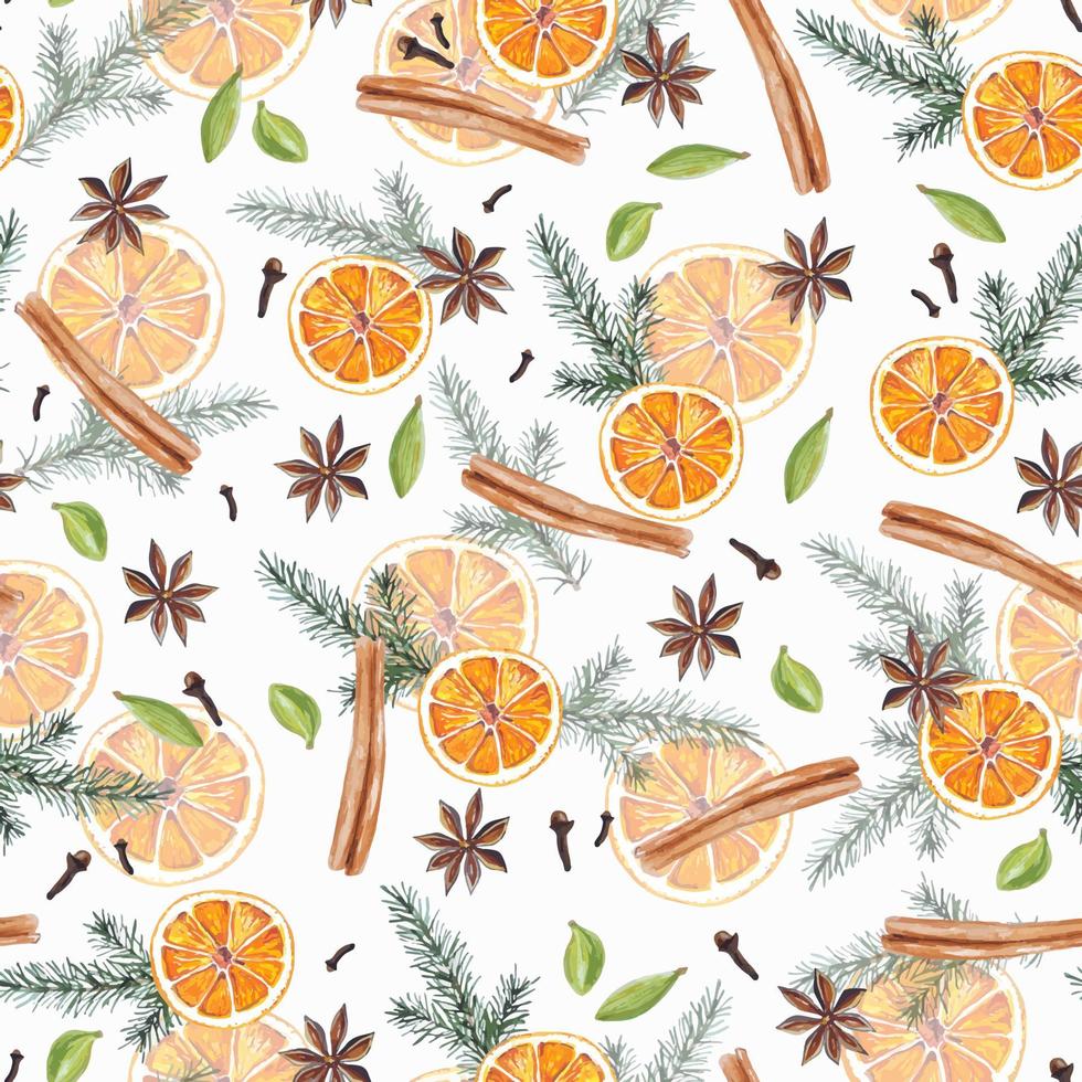 aquarellweihnachtsnahtloses muster mit orangen, weihnachtsbaumzweigen und gewürzen für glühwein für geschenkpapier, textil, dekor vektor