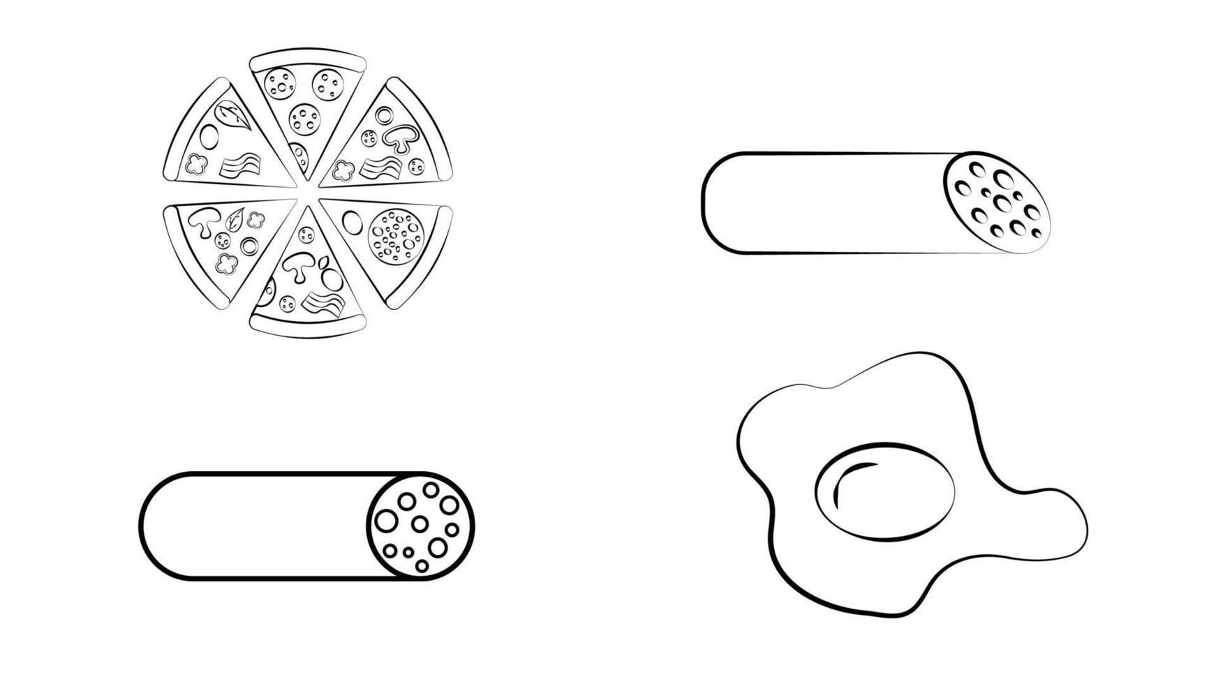 essen und getränke kritzeln zeichnungssammlung. Lebensmittel und Getränke wie Brot, Ei, Obst, Kekse, Fleisch usw. handgezeichnete Vektordoodle-Illustrationen in Schwarz isoliert auf weißem Hintergrund vektor