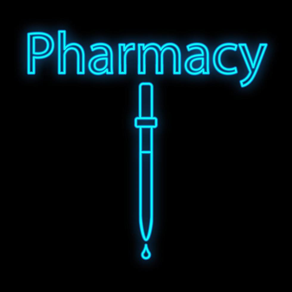 ljus lysande blå medicinsk digital neon tecken för en apotek eller sjukhus Lagra skön skinande med en dropper och de inskrift apotek på en svart bakgrund. vektor illustration