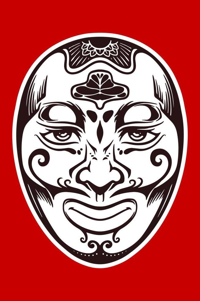 handgezeichnete weiße japanische traditionelle maske isoliert auf rotem hintergrund. vektor