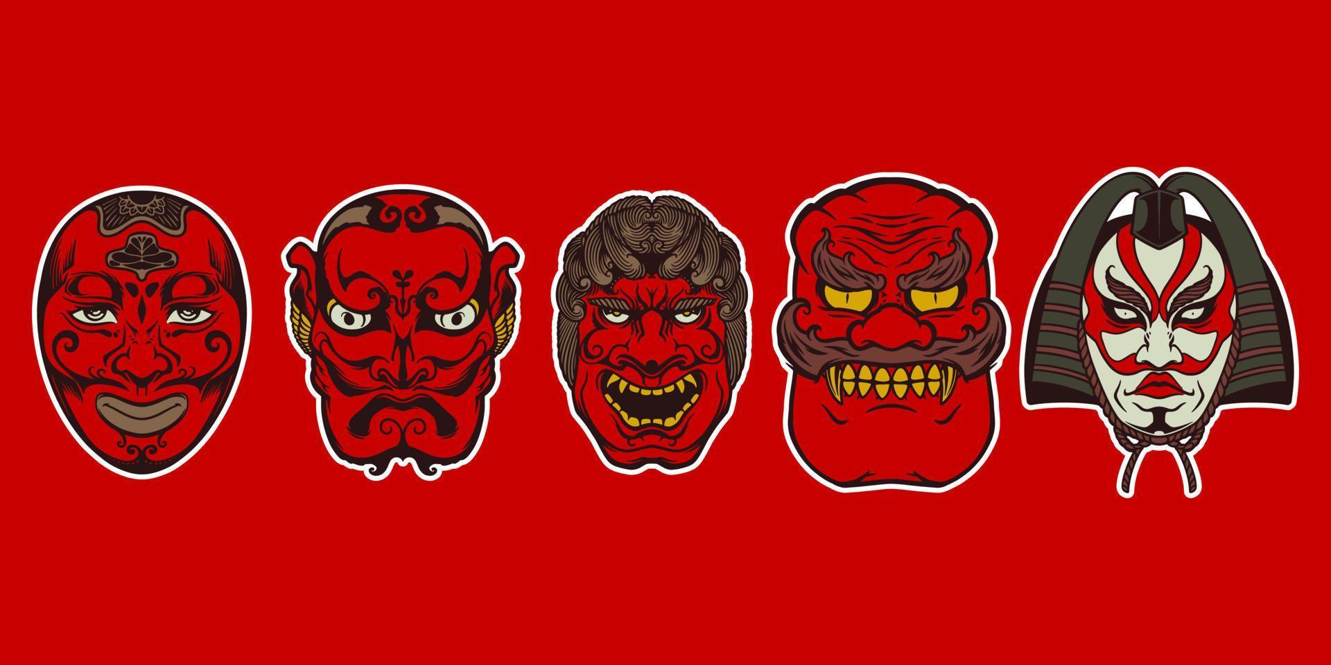 handgezeichnete japanische traditionelle maske mit fünf rottönen auf rotem hintergrund. vektor