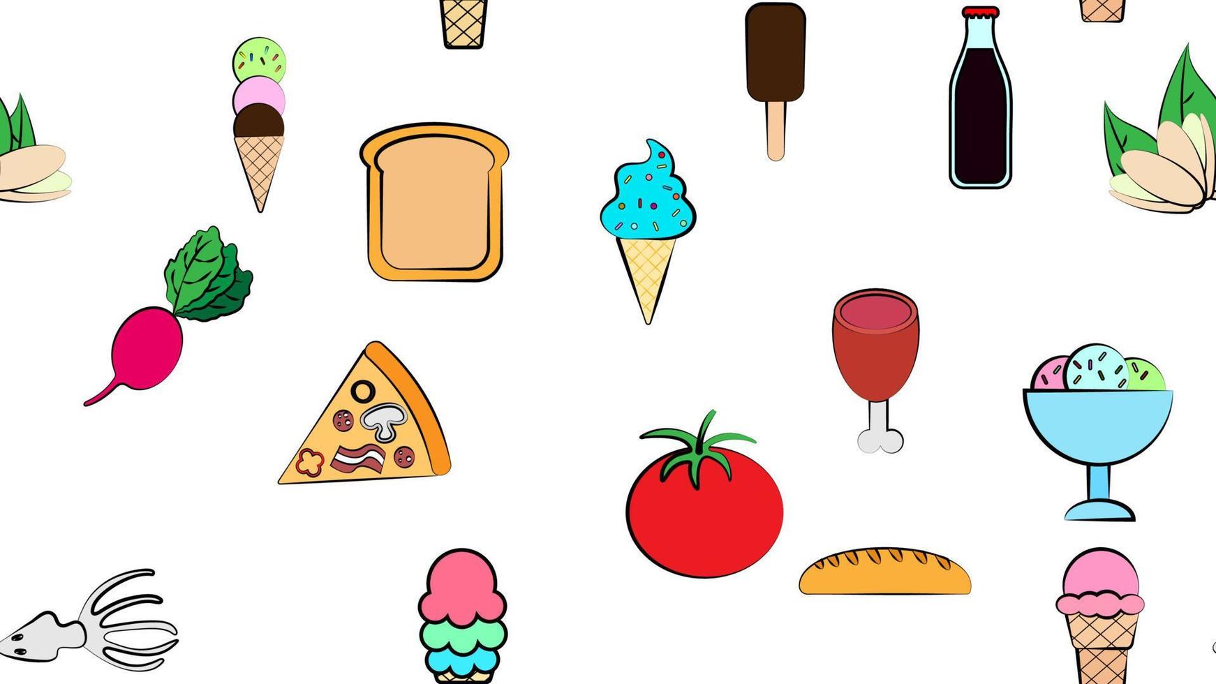 Ein Satz von acht Symbolen mit köstlichen Speisen und Snacks für ein Café-Bar-Restaurant auf weißem Hintergrund Eis, Sirup, Soda vektor