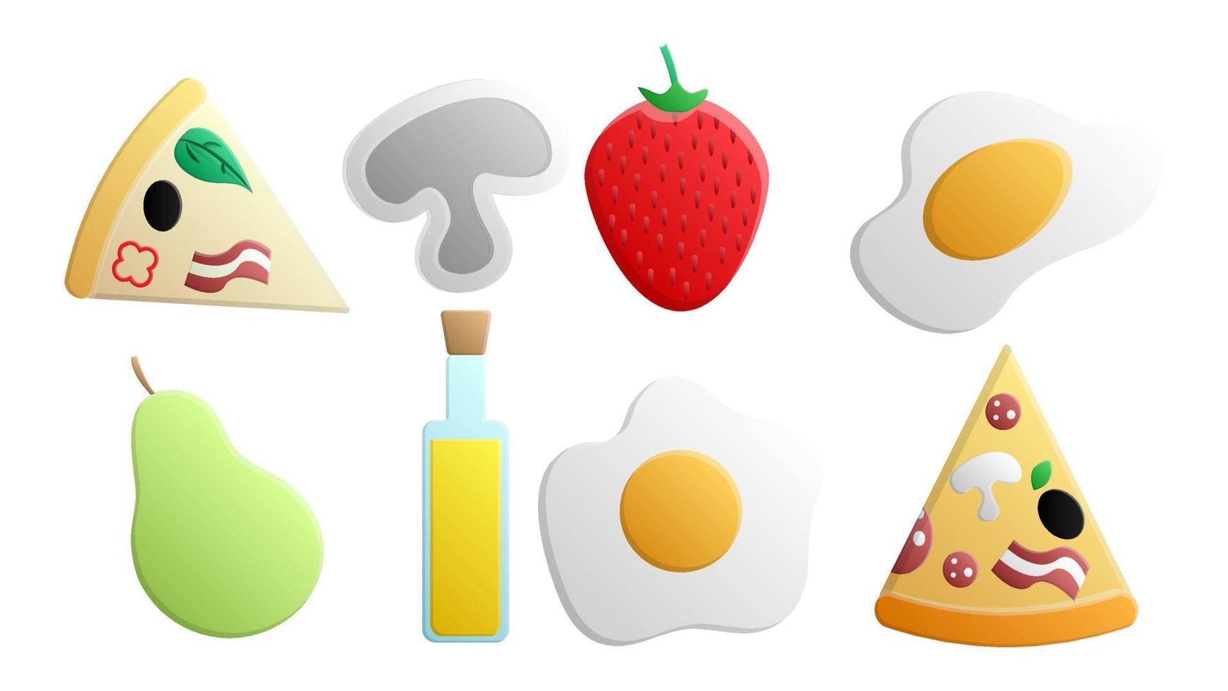 en uppsättning av åtta ikoner av objekt av utsökt mat och snacks för en Kafé bar restaurang på en vit bakgrund pizza, svamp, jordgubbe, ägg, päron, oliv olja vektor