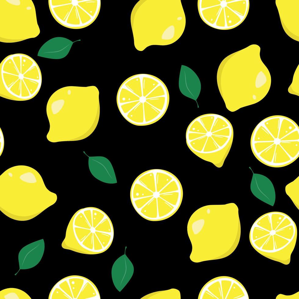sömlös mönster citroner skivor, platt stil frukt på en svart bakgrund vektor