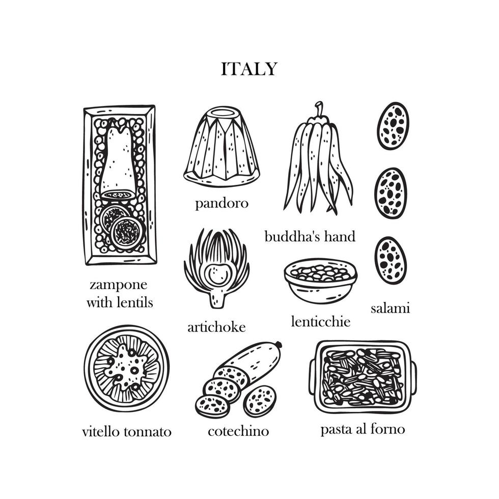 vektor uppsättning av illustrationer av italiensk jul maträtter. ny år. traditionell italiensk mat.
