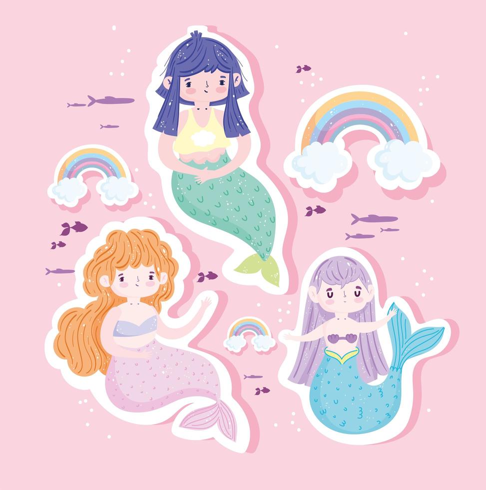 süße kleine Meerjungfrauen Icon Set vektor