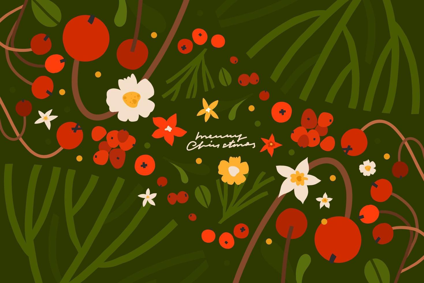 hand gezeichnete vektorabstrakte grafik frohe weihnachten und guten rutsch ins neue jahr clipart illustrationen grußkarte mit blumen und blättern.frohe weihnachten niedlicher blumenkartendesignhintergrund.winterurlaubskunst. vektor