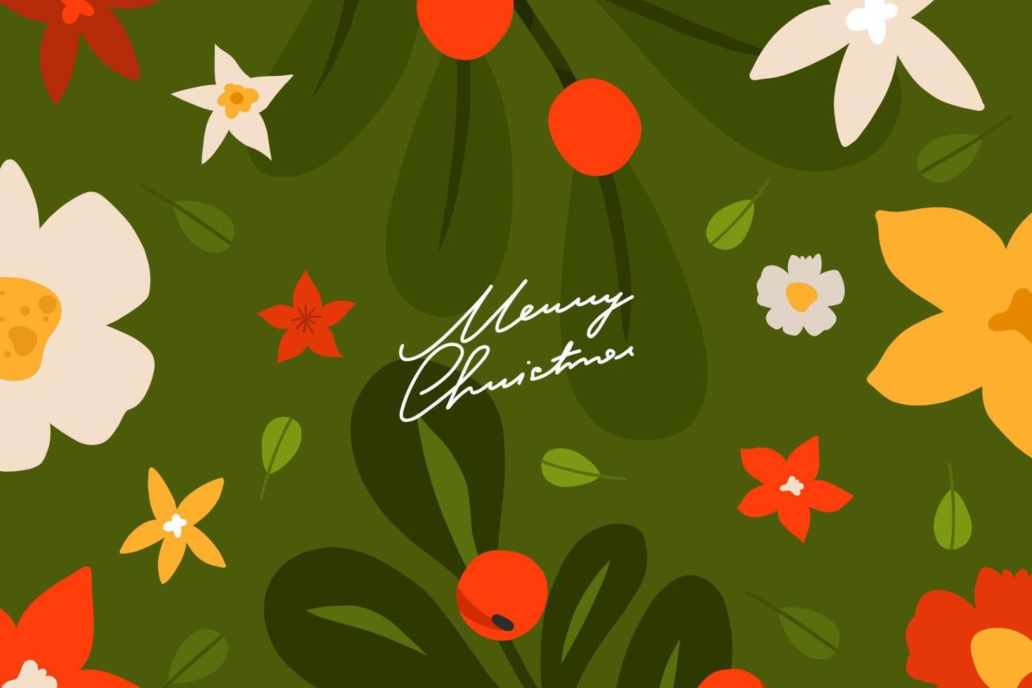 hand gezeichnete vektorabstrakte grafik frohe weihnachten und guten rutsch ins neue jahr clipart illustrationen grußkarte mit blumen und blättern.frohe weihnachten niedlicher blumenkartendesignhintergrund.winterurlaubskunst. vektor