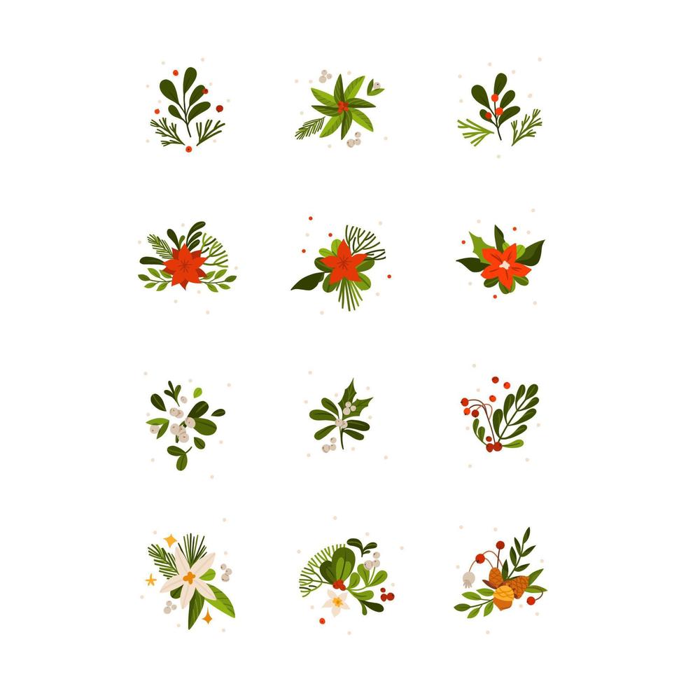 hand dragen vektor abstrakt grafisk glad jul och Lycklig ny år ClipArt illustrationer hälsning kort uppsättning med blommor och lämnar.glad jul söt blommig design bakgrund.vinter Semester konst