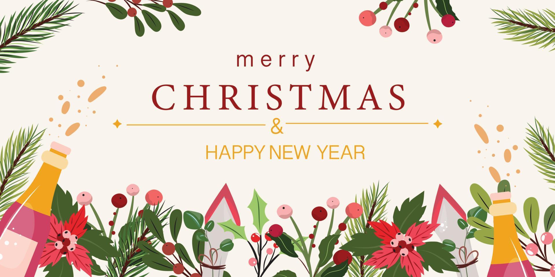weihnachts- und frohes neujahrskarte, banner, grenze mit zweigen, beeren, blumen, gewebe und flasche champaign für dekorationsdesign. festliche Grenzvorlage. vektor