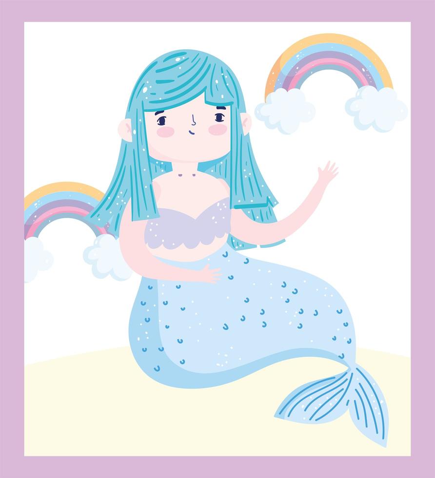 süße Cartoon blaue Meerjungfrau mit Regenbogen vektor