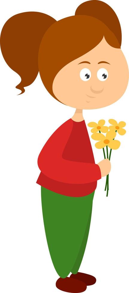 flicka med gul blommor, illustration, vektor på en vit bakgrund.