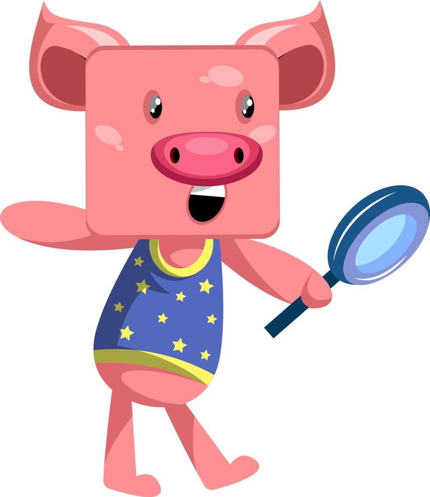 Schwein mit Lupe, Illustration, Vektor auf weißem Hintergrund.