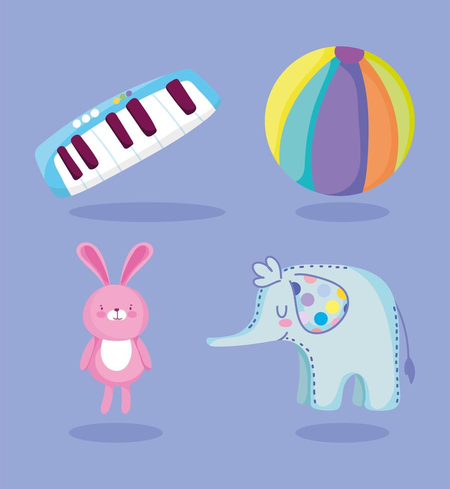 Cartoon Piano, Elefant, Kaninchen und Ball Ikonen vektor