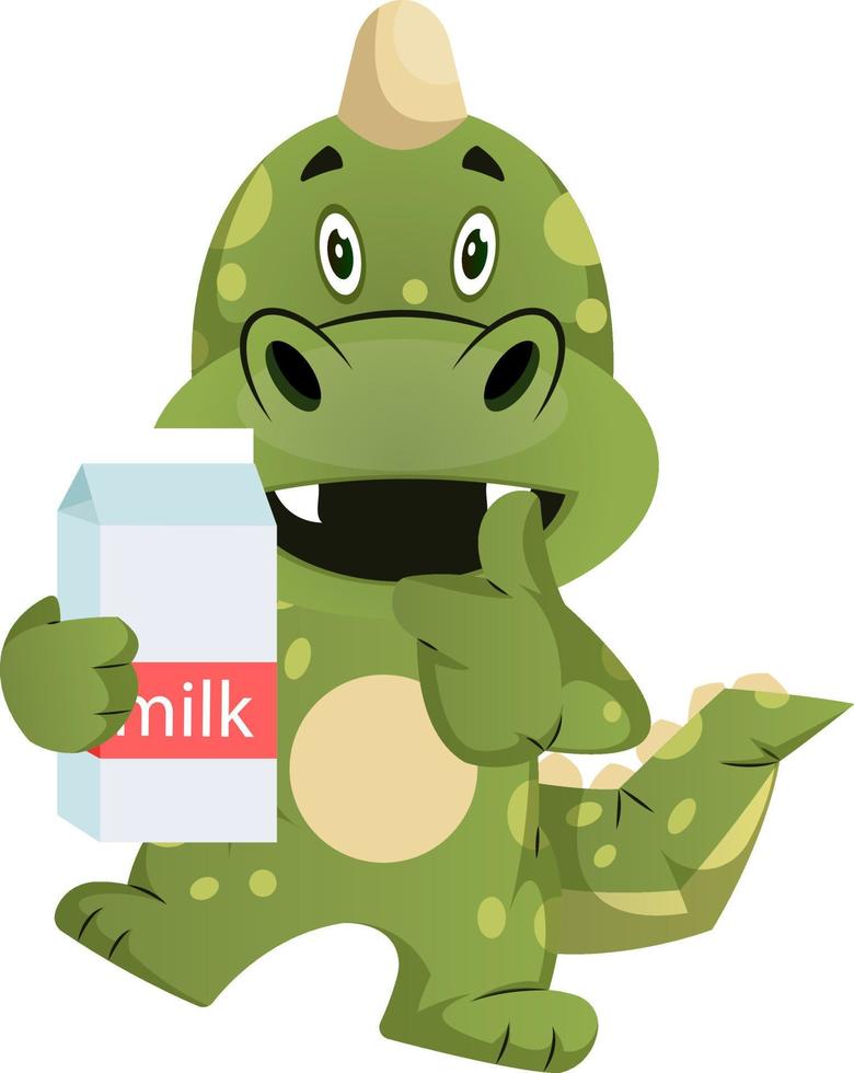 grüner drache hält milch, illustration, vektor auf weißem hintergrund.