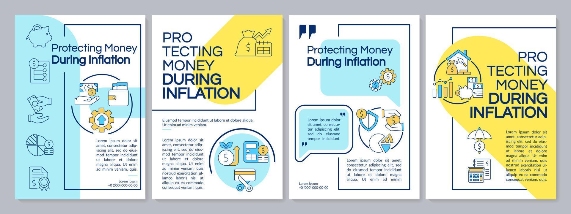 skyddande pengar under inflation blå och gul broschyr mall. folder design med linjär ikoner. redigerbar 4 vektor layouter för presentation, årlig rapporterar.