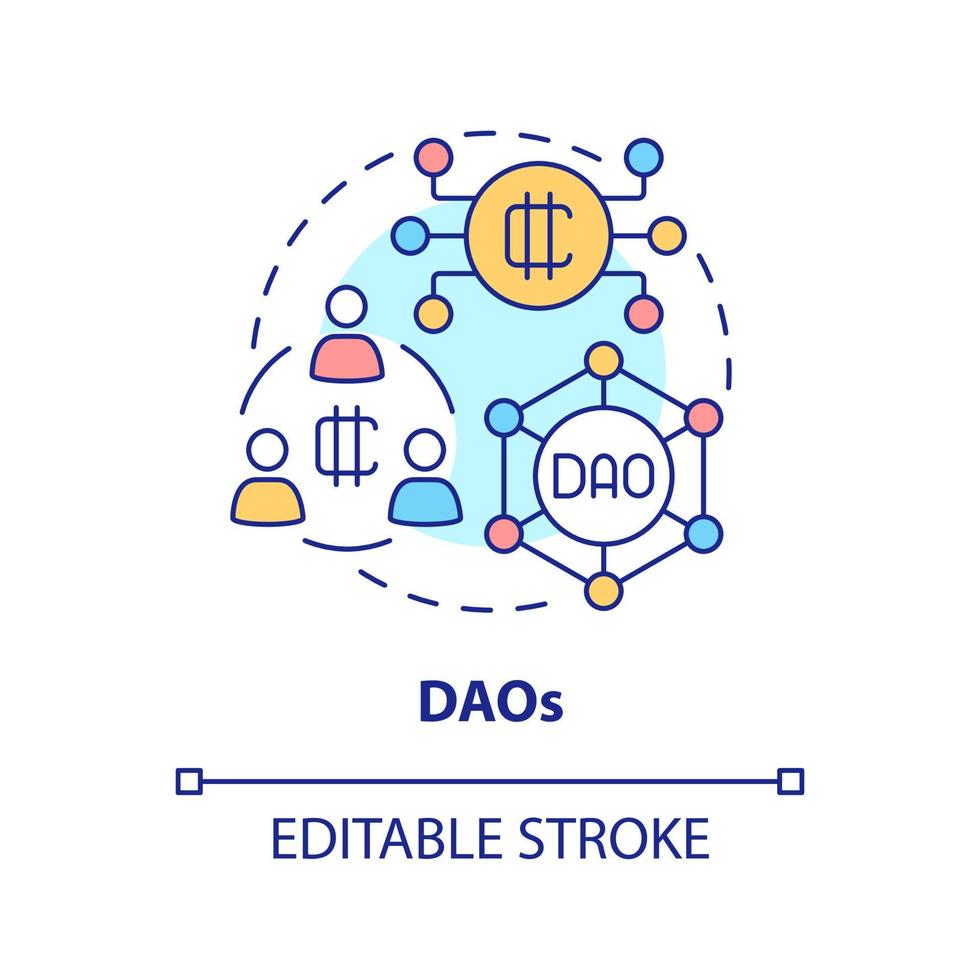 Daos-Konzept-Symbol. dezentralisierte autonome Organisation. Weg, Geld mit Krypto-abstrakten Ideen zu verdienen, dünne Linienillustration. isolierte Umrisszeichnung. editierbarer Strich. vektor