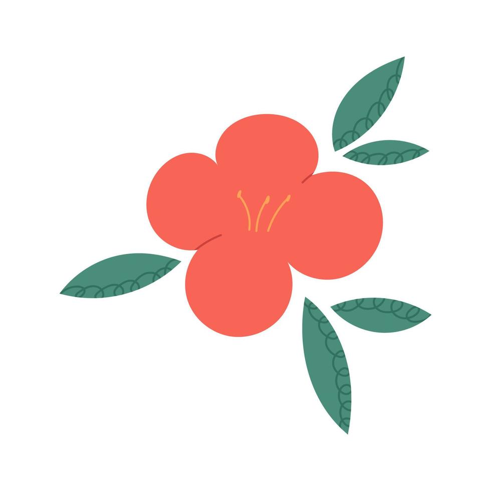 traditionell japansk kamelia blomma, hand dragen platt vektor illustration isolerat på vit bakgrund. symbol av koreanska jeju ö. röd blomma med löv.