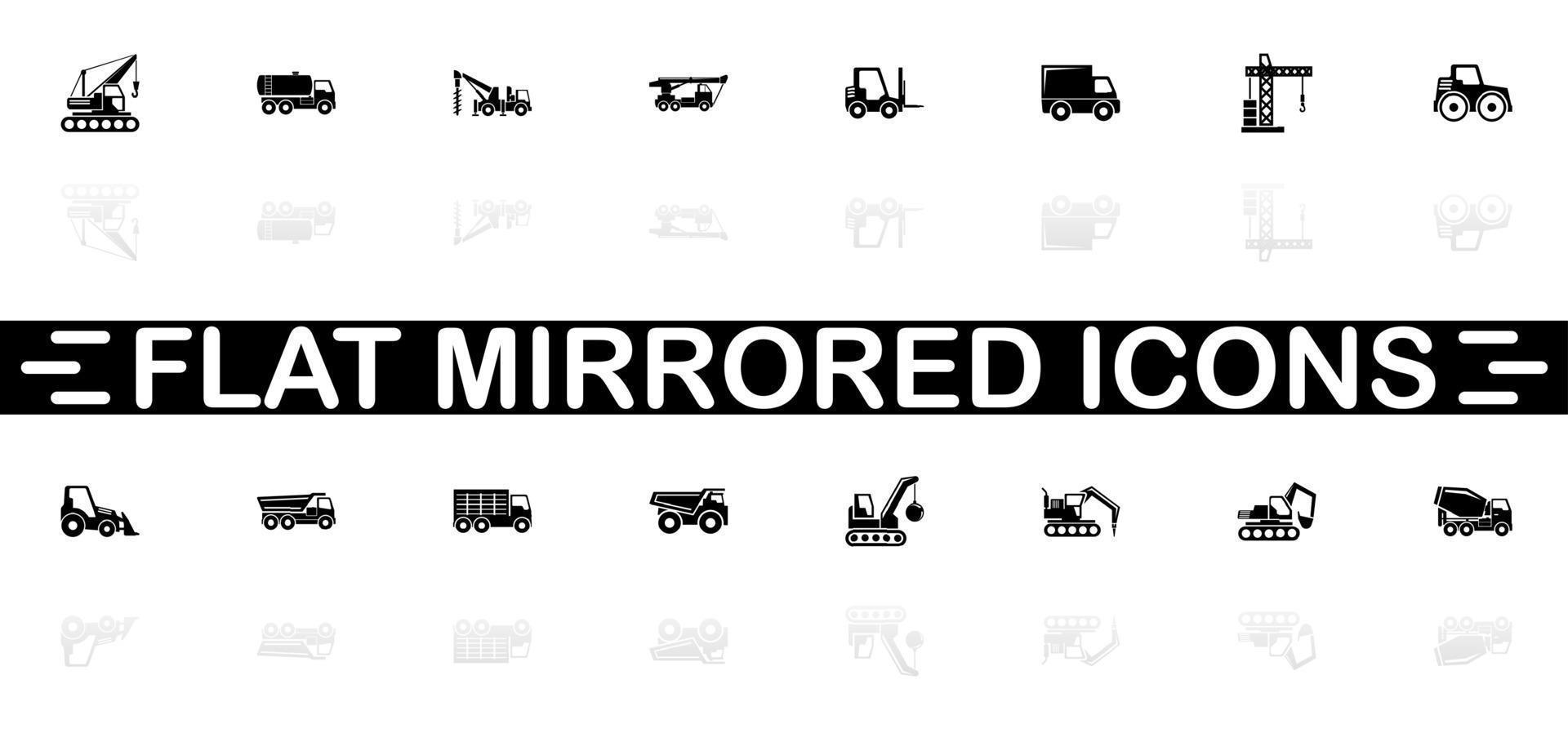 Baufahrzeuge Symbole - schwarzes Symbol auf weißem Hintergrund. einfache Abbildung. flaches Vektorsymbol. Spiegelreflexionsschatten. kann in Logo-, Web-, Mobil- und UI-UX-Projekten verwendet werden. vektor