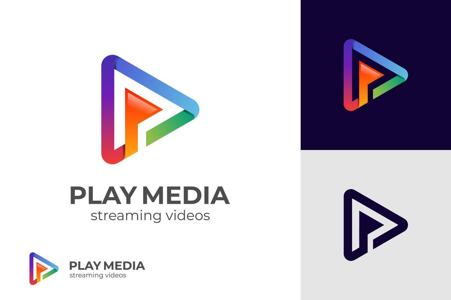 spela knapp media musik ikon logotyp design, färgrik media spela teknologi logotyp element för musik audio, strömning service app, video ikon logotyp vektor