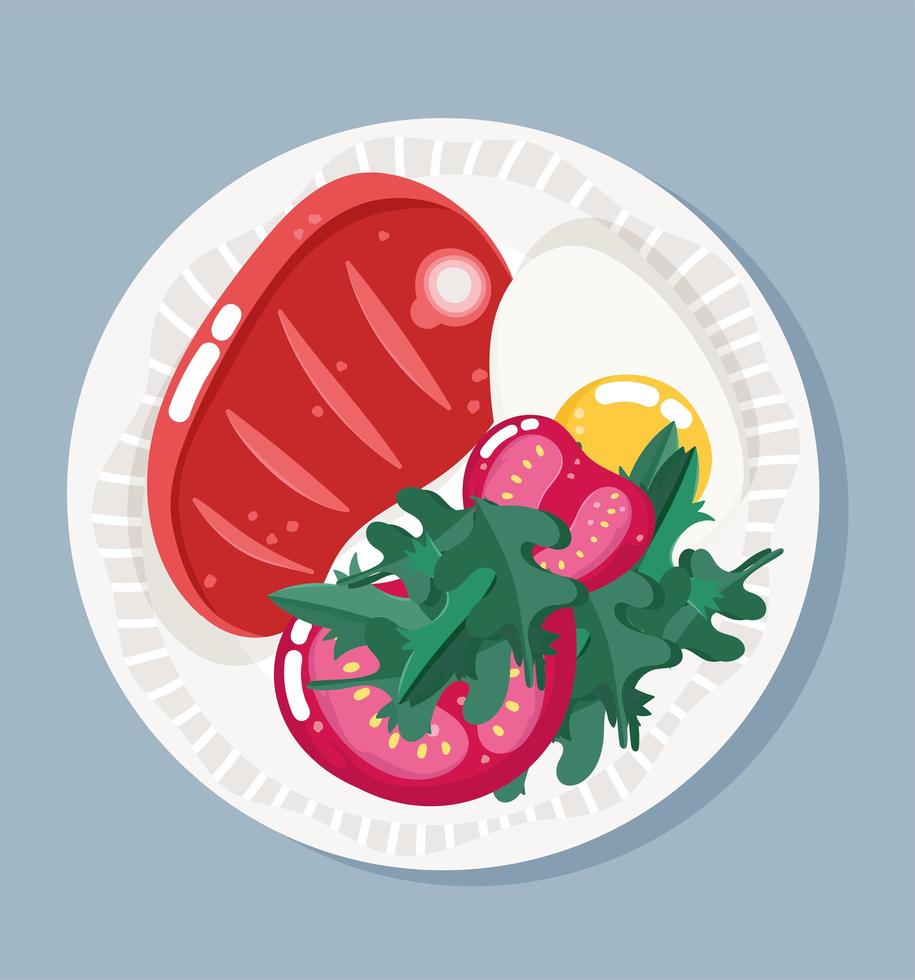 Essen in Schüssel. Fleisch, Spiegeleier und Tomaten vektor