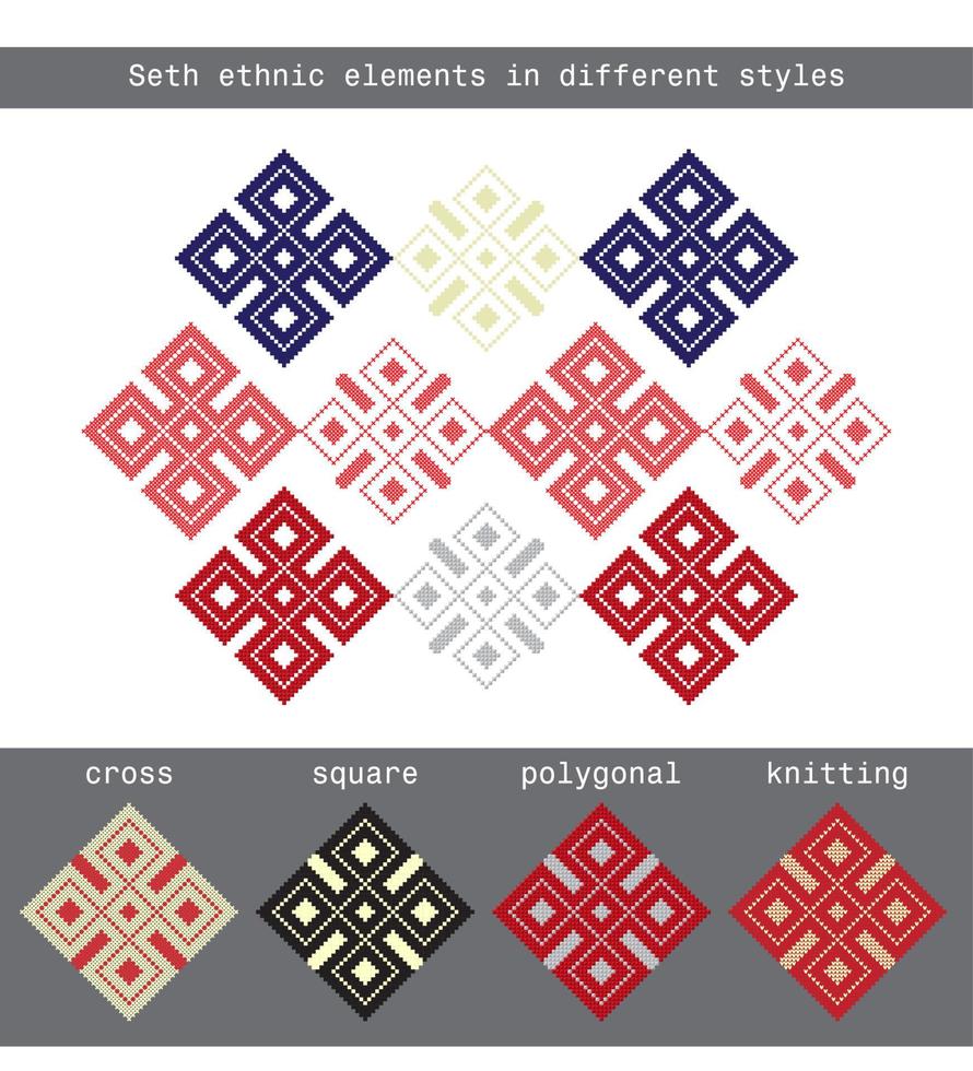 setze ethnische elemente in verschiedenen stilen - kreuz, quadratisch, polygonal, gestrickt vektor