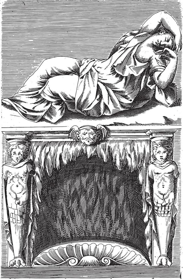 Skulptur der schlafenden Ariadne über einem Kamin, anonym, 1584, Vintage-Illustration. vektor