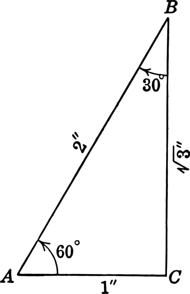 spezielles rechtwinkliges Dreieck mit Winkeln 30, 60, 90 Grad Vintage Illustration. vektor