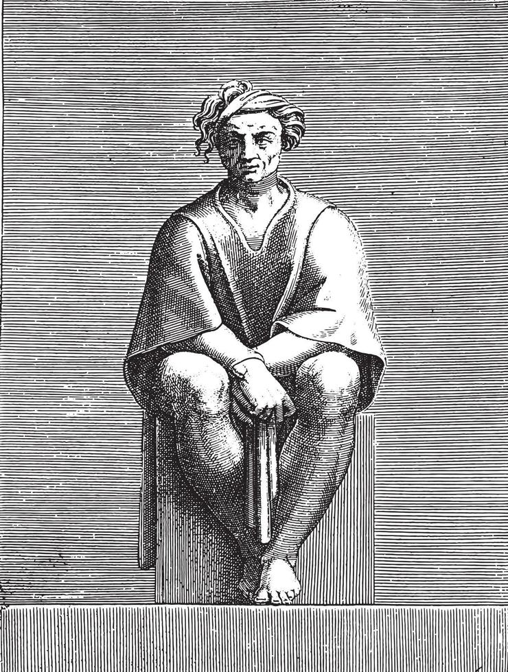 sittande man, Adamo scultori, efter michelangelo, 1585, årgång illustration. vektor