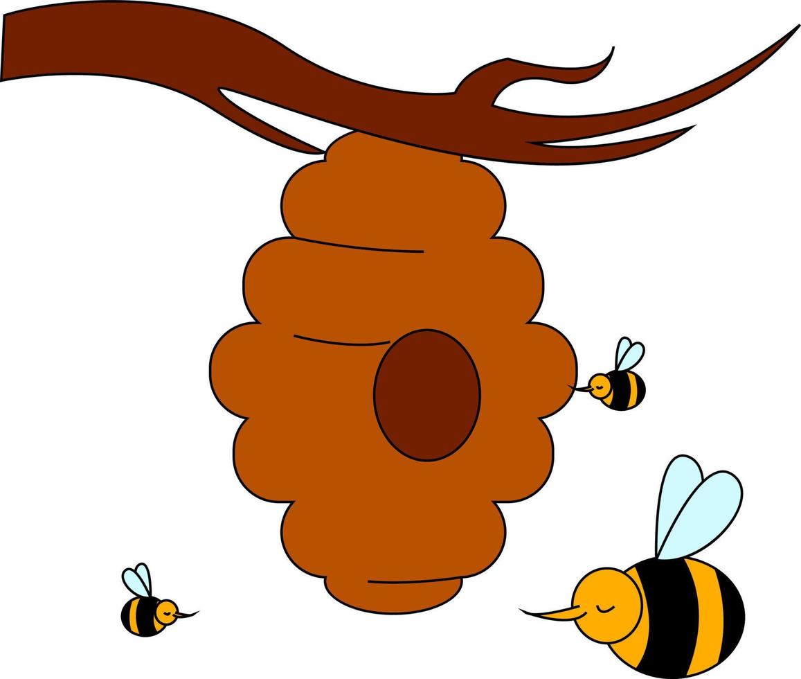Bienenstock auf einem Baum, Illustration, Vektor auf weißem Hintergrund.