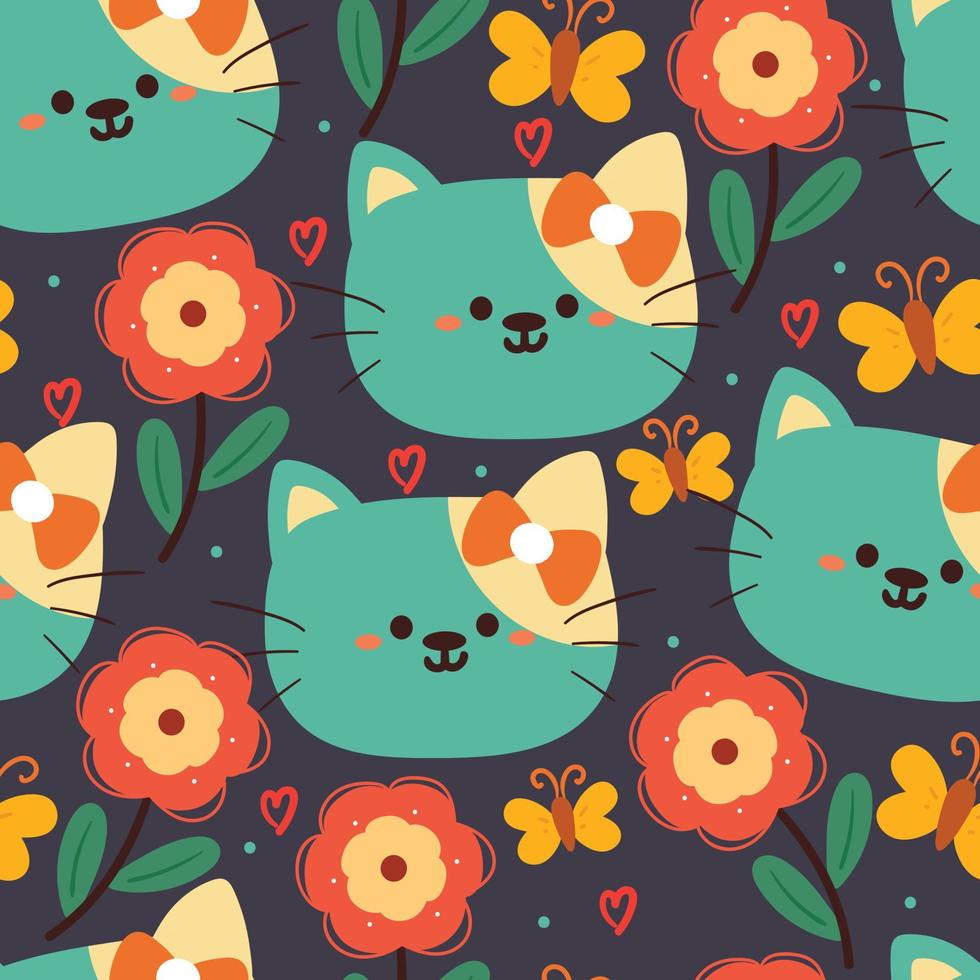 sömlös mönster tecknad serie katt och blomma vektor
