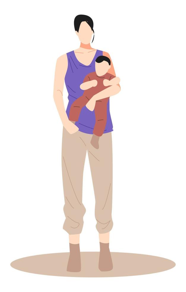 en mor innehar henne bebis i en stående placera. isolerat vit bakgrund. begrepp av förälder, barn, familj, omtänksam, etc. platt vektor illustration