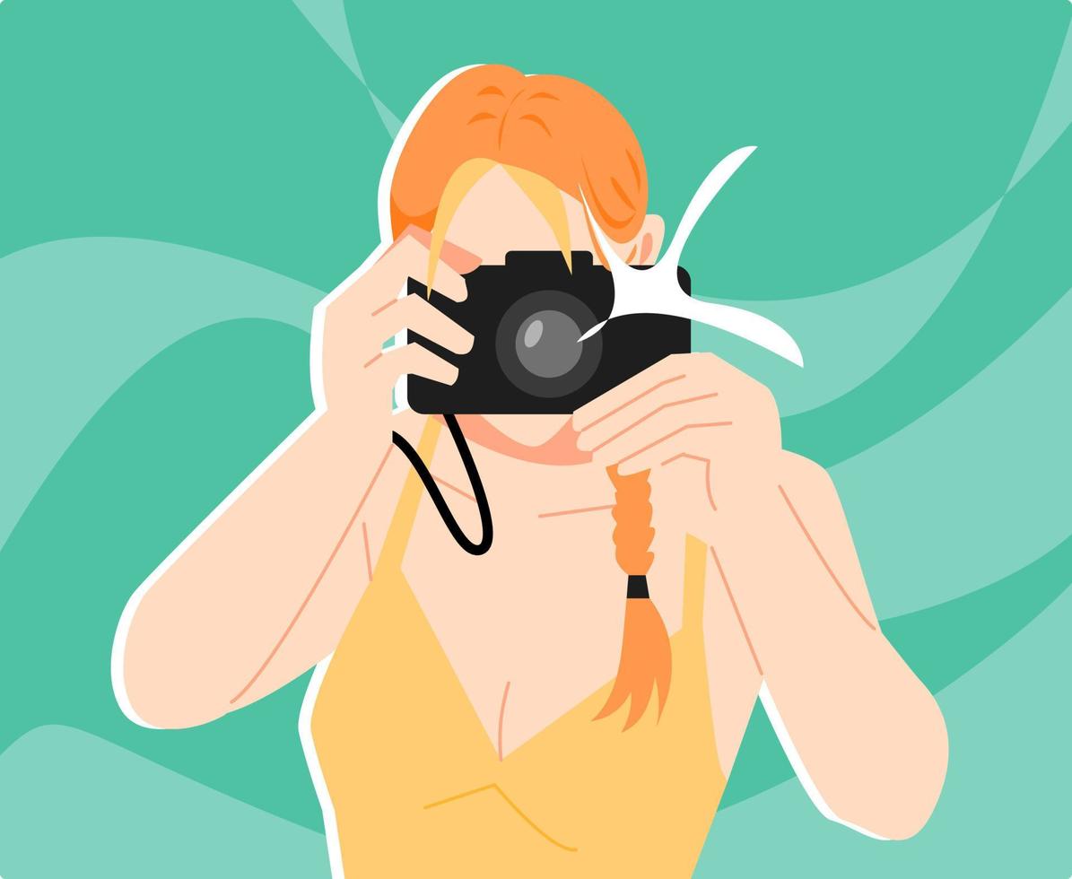 flicka är tar bilder med kamera. kamera blixt. begrepp av fotografi, hobbyer, paparazzi, resa, etc. platt vektor illustration