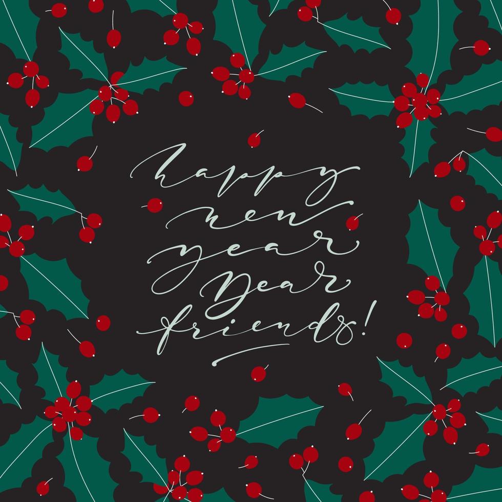 jul träd med Lycklig ny år hand skriven ord. vektor hand dragen hälsning kort. Semester design för affischer, kort, banderoller.