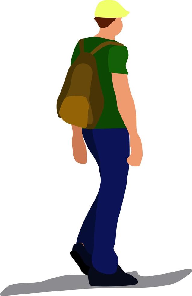 pojke med ryggsäck, illustration, vektor på vit bakgrund.