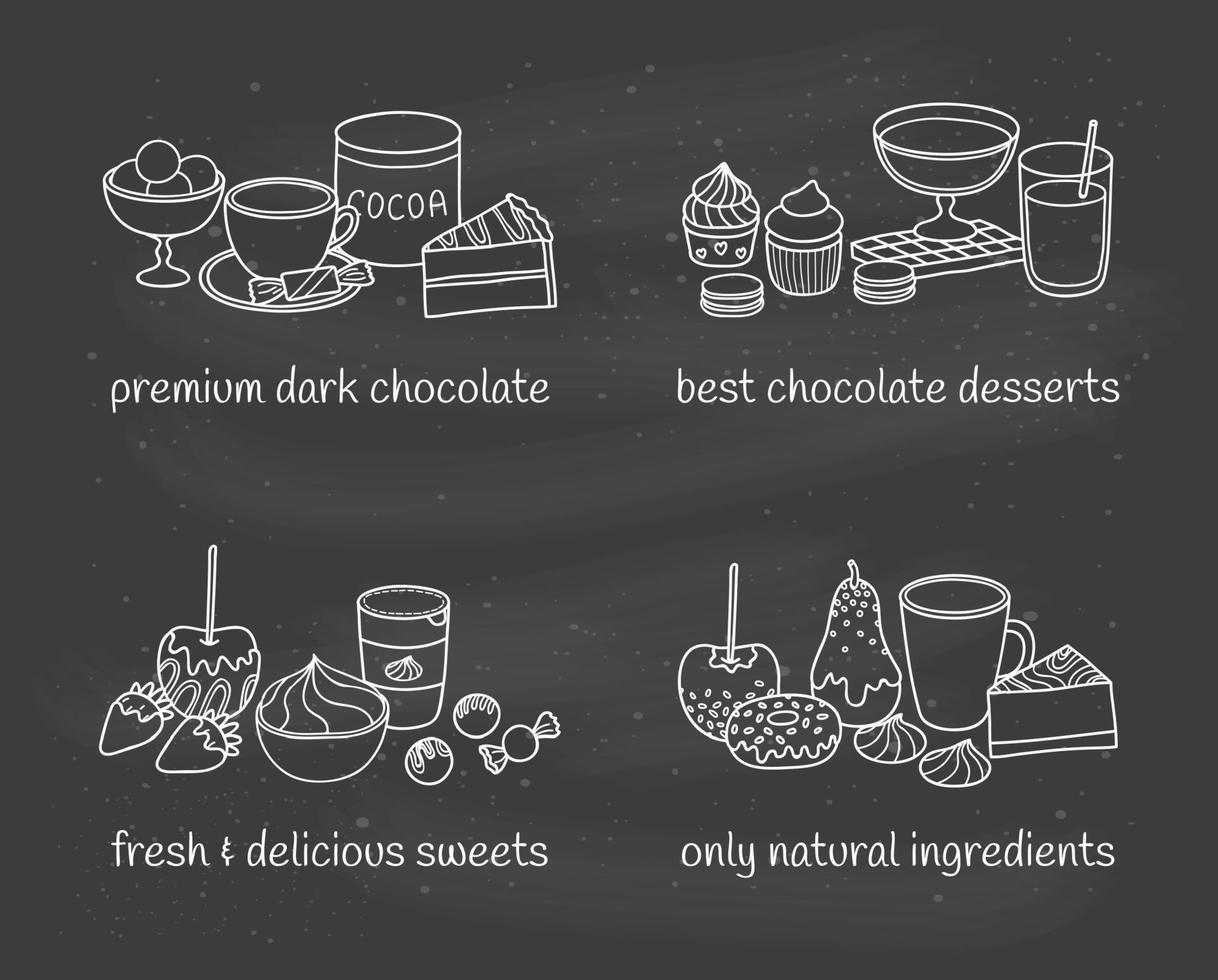 verschiedene Gruppen von Desserts und Süßigkeiten. vektor