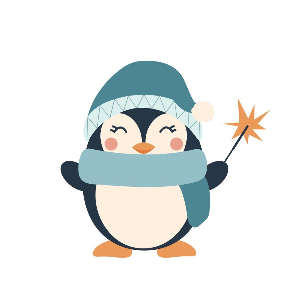 Pinguin-Cartoon-Illustration mit Wunderkerze. Weihnachtscharakter. Winter 2023 vektor