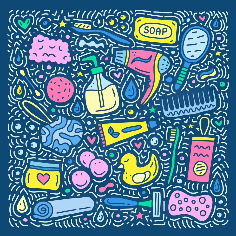 Reihe von Doodle-Badezimmer- und Hygiene-Symbolen. vektor