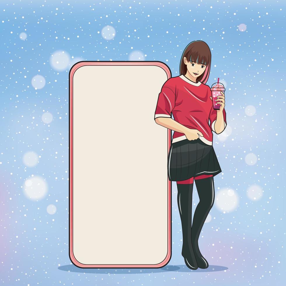 Werbung Weihnachtskonzept. junges Mädchen, das Bubble Tea-Aromen mit großem Handy neben ihrem Vektorillustrations-Pro-Download hält vektor