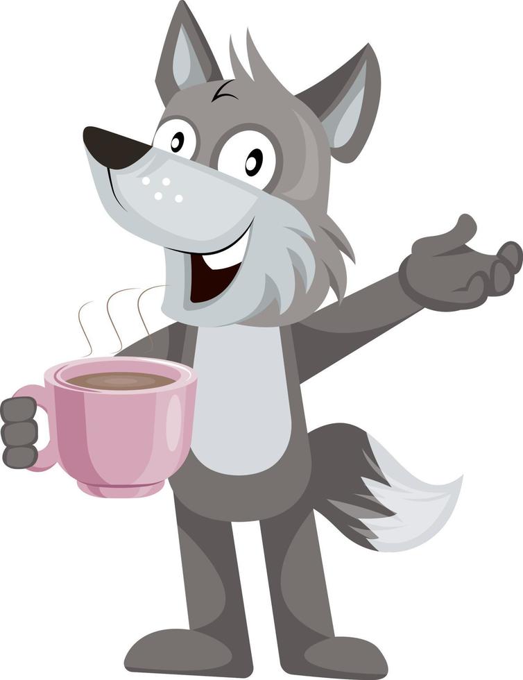 Wolf mit Kaffee, Illustration, Vektor auf weißem Hintergrund.
