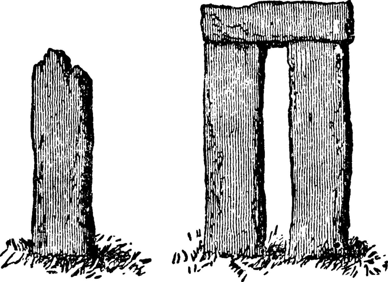 Maenhir und Trillithon oder Monolithen oder einzelner aufrechter Stein, Vintage-Illustration. vektor