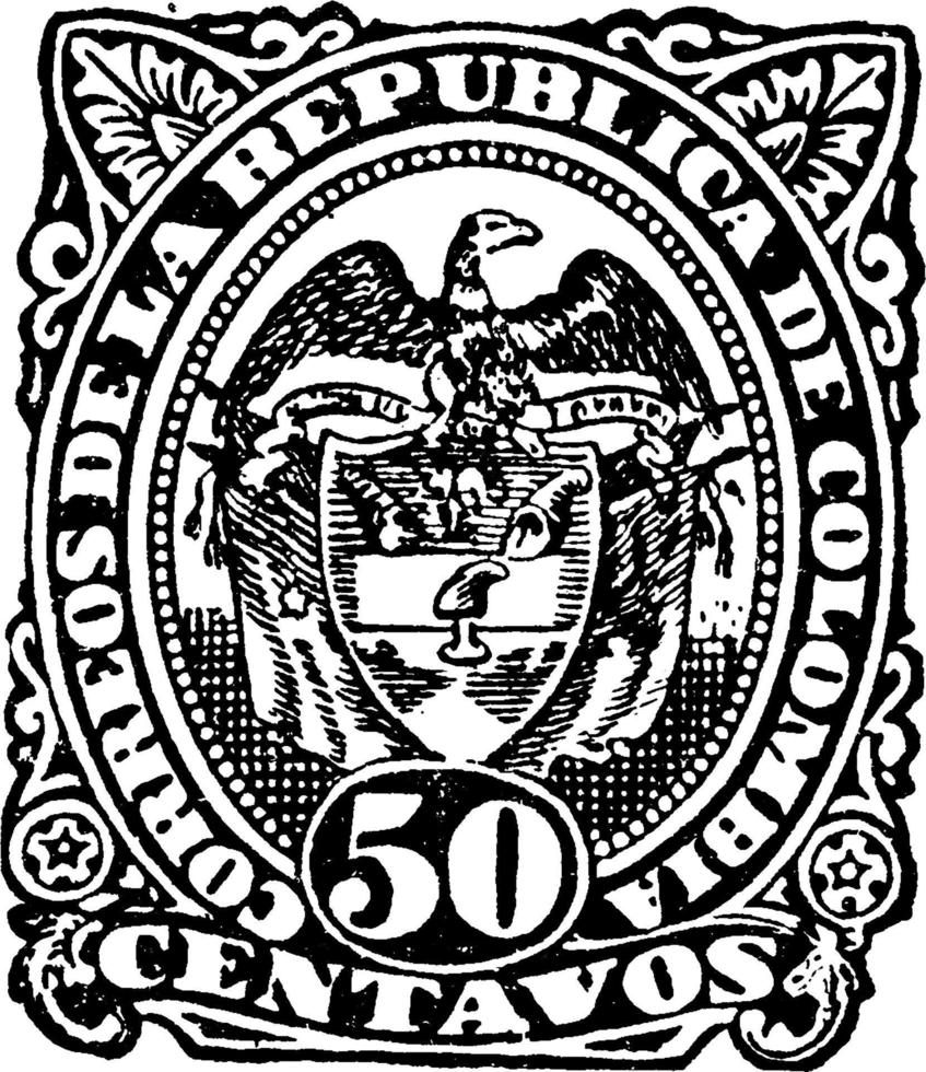 colombianska republik 50 centavos stämpel, 1888-1889, årgång illustration vektor