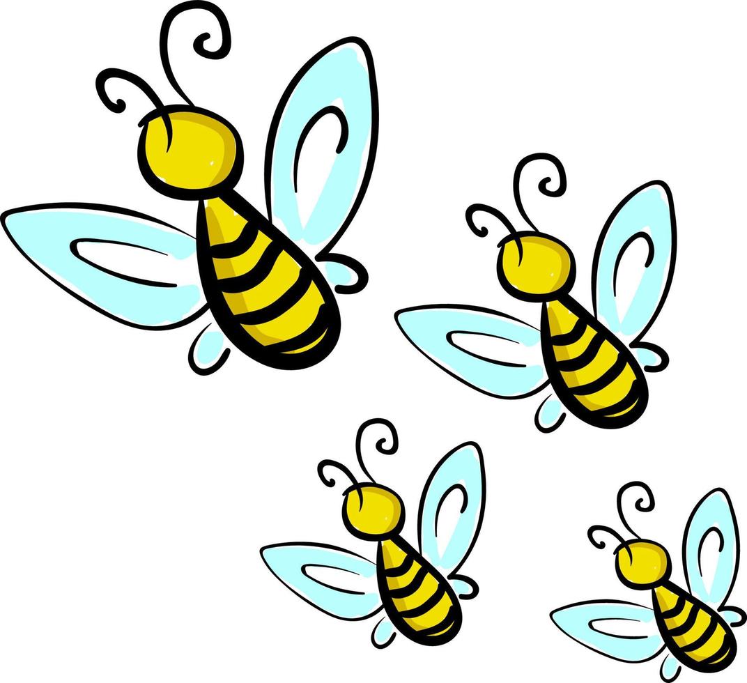 a 4 gelbe fliegende Honigbienen, Vektor- oder Farbillustration. vektor