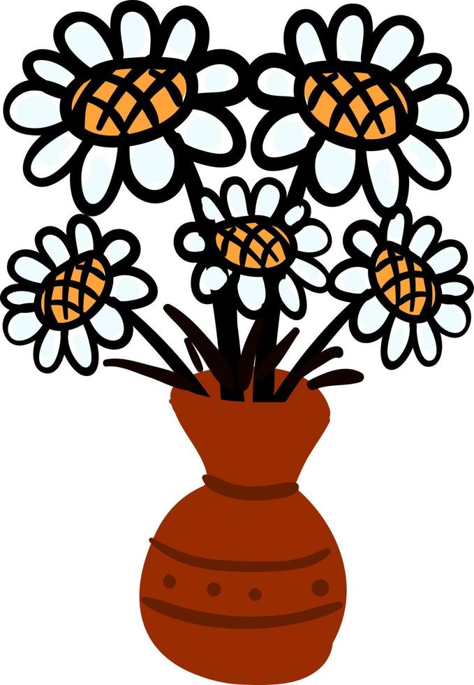 Gänseblümchen in Vase, Illustration, Vektor auf weißem Hintergrund.