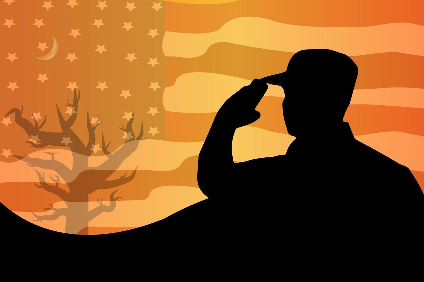 amerikanische flagge und silhouette des soldaten bei sonnenuntergang sonnenaufgangszeit. geeignet für veteranentag, unabhängigkeitstag, gedenktag, 4. juli oder arbeitstag copyspace hintergrund. vektor