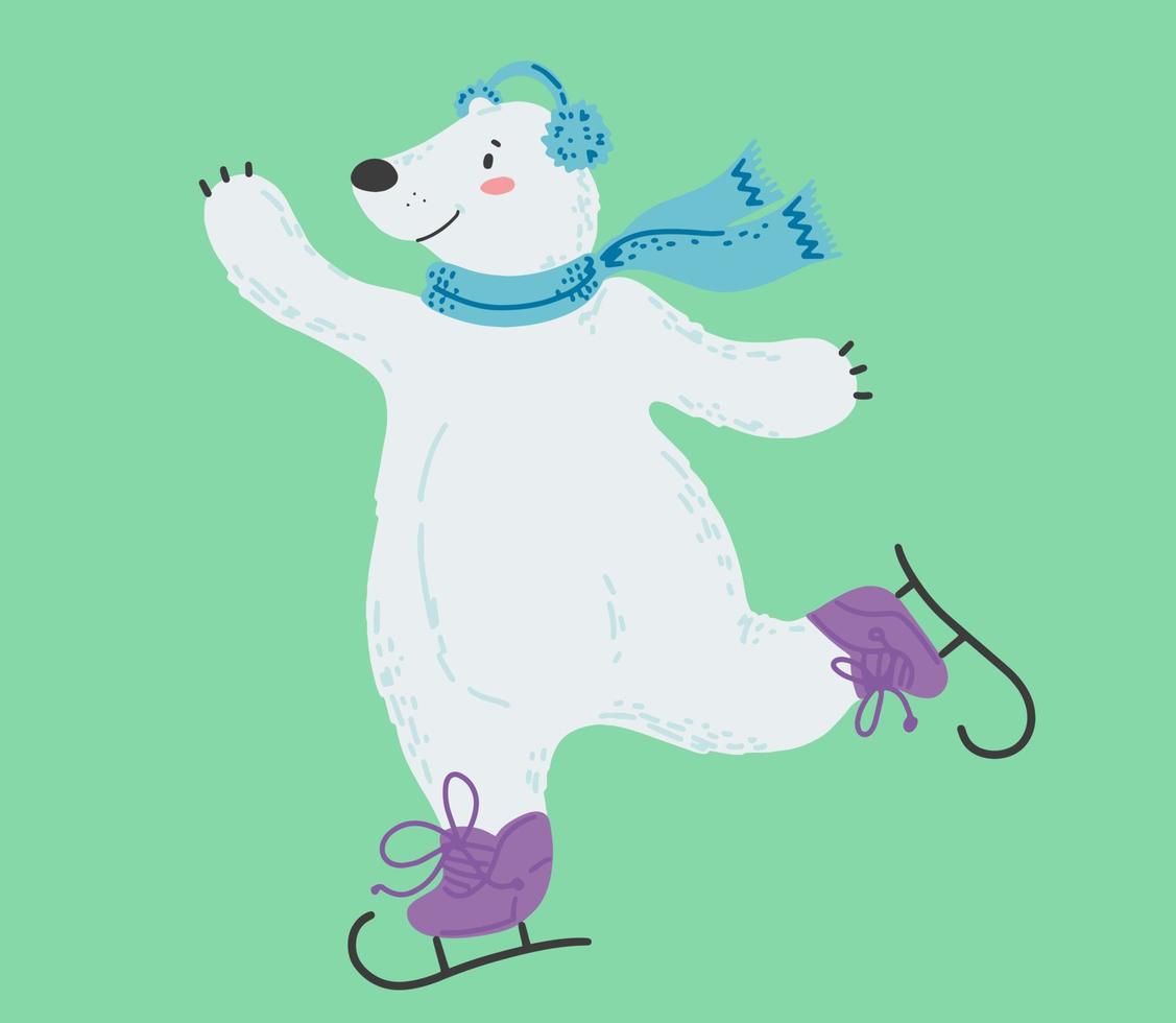 Der weiße Eisbär läuft Schlittschuh. Wintersport. bunte vektorillustration in einem niedlichen flachen stil. Vektor-Illustration-Design. vektor