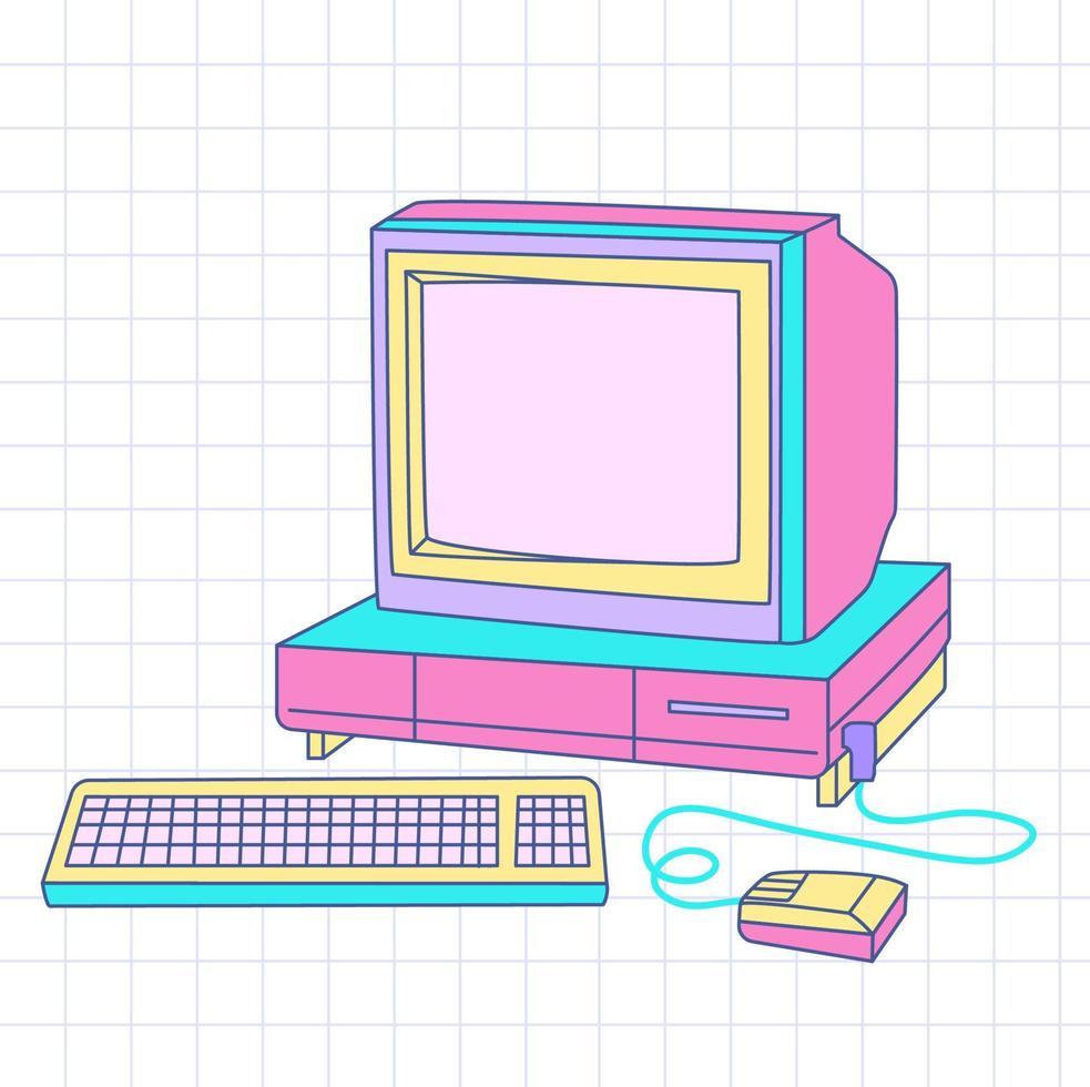 retrowave y2k pc. ein alter computer mit einem crt-monitor auf einem rasterhintergrund vektor